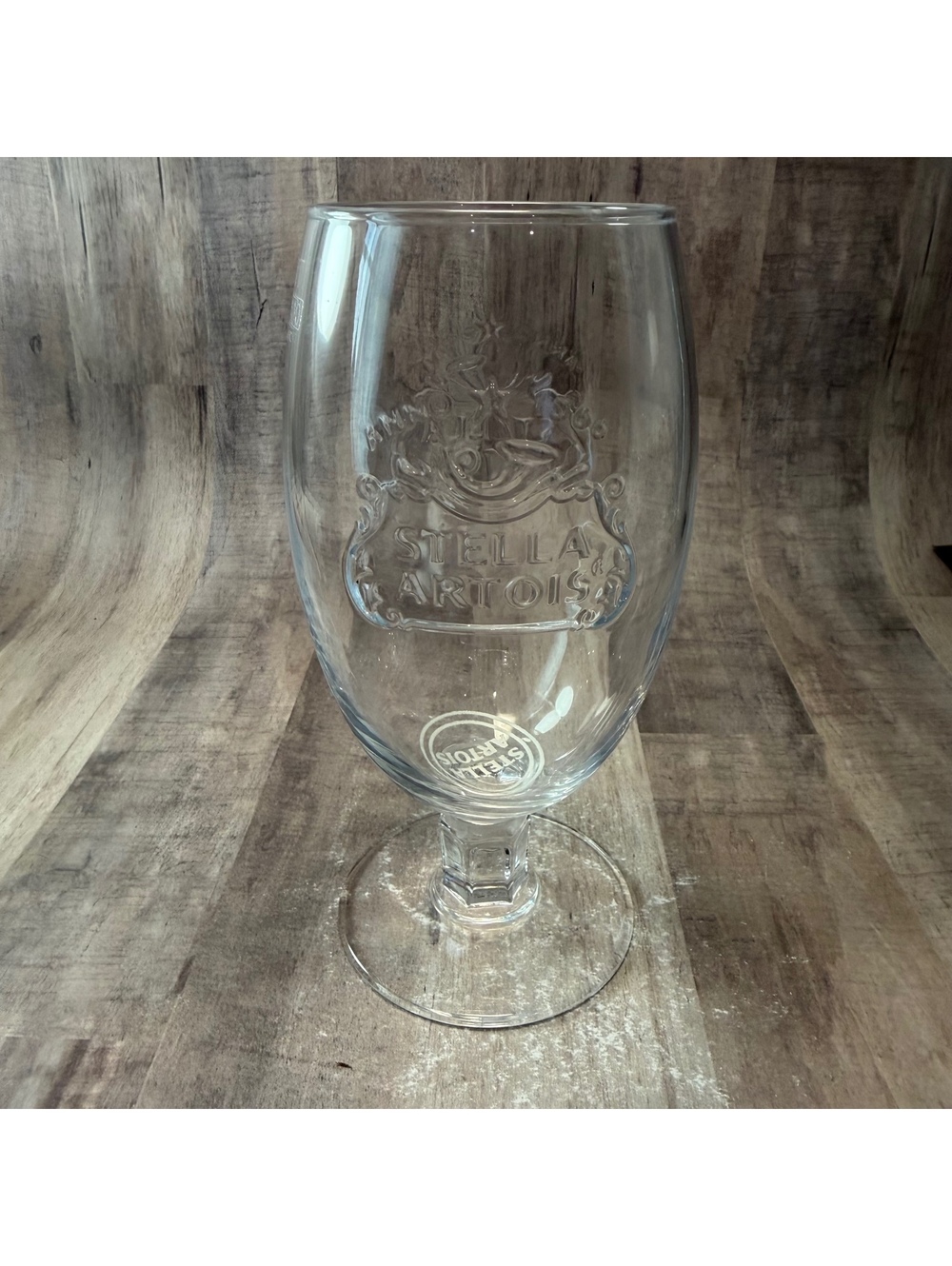Stella Artois Clear Embossed Logo Chalice Footed Beer Glass 7" Tall